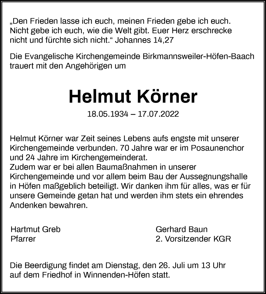  Traueranzeige für Helmut Körner vom 22.07.2022 aus Waiblinger Kreiszeitung