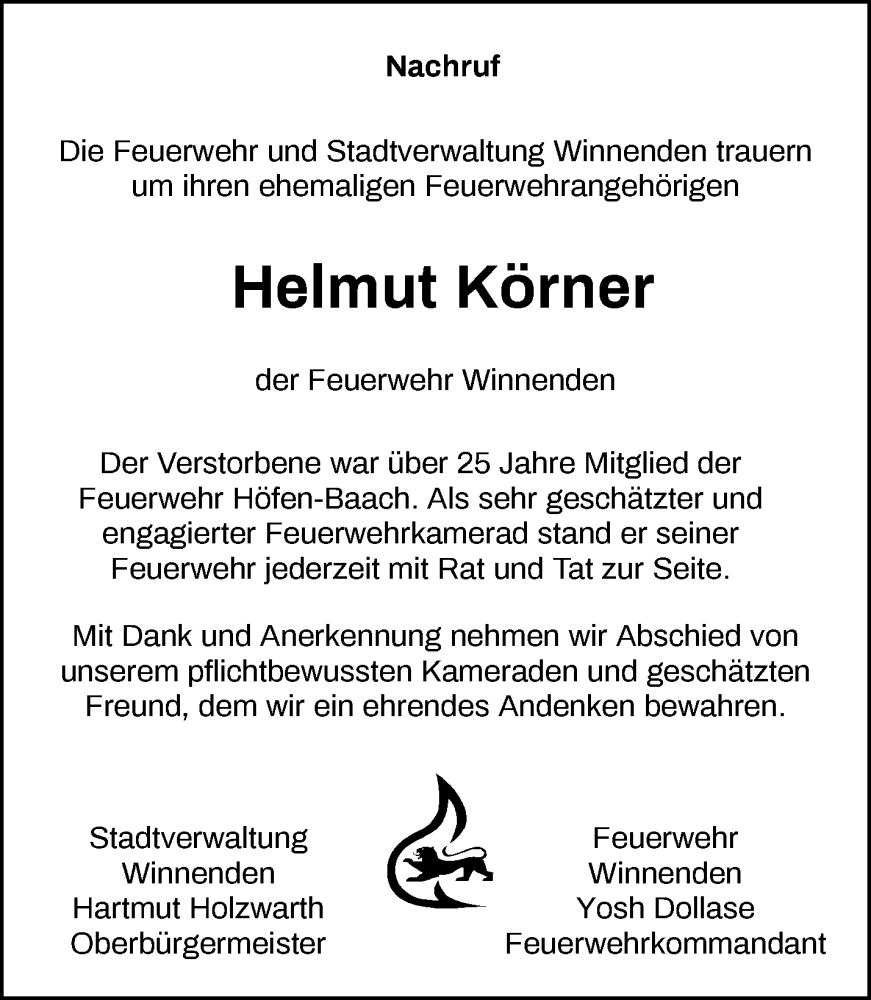  Traueranzeige für Helmut Körner vom 30.07.2022 aus Waiblinger Kreiszeitung