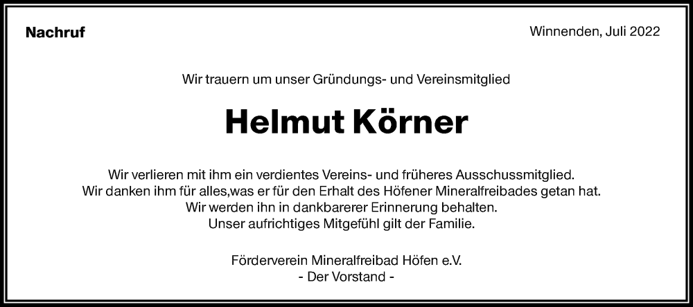  Traueranzeige für Helmut Körner vom 26.07.2022 aus Waiblinger Kreiszeitung