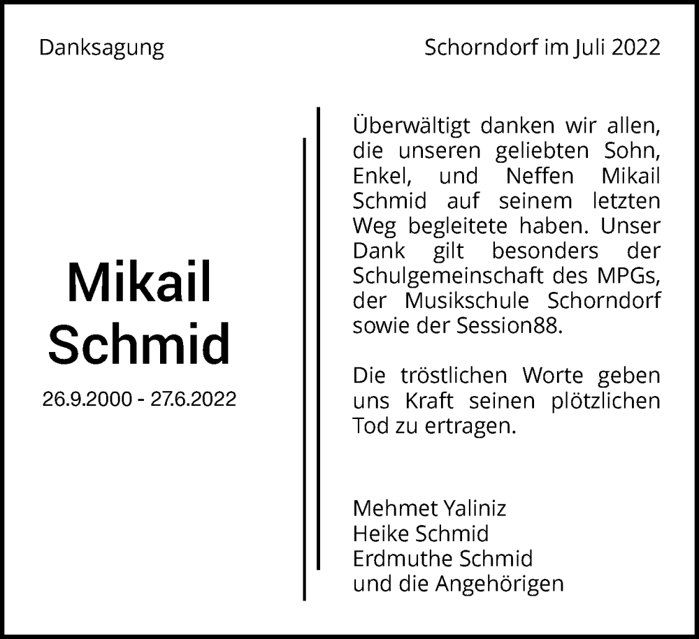  Traueranzeige für Mikail Schmid vom 11.07.2022 aus Waiblinger Kreiszeitung