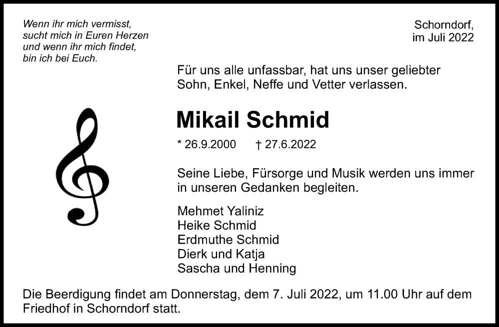  Traueranzeige für Mikail Schmid vom 02.07.2022 aus Waiblinger Kreiszeitung