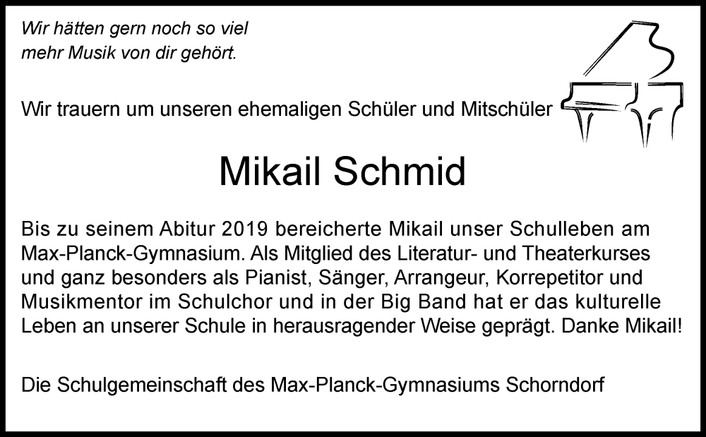  Traueranzeige für Mikail Schmid vom 05.07.2022 aus Waiblinger Kreiszeitung