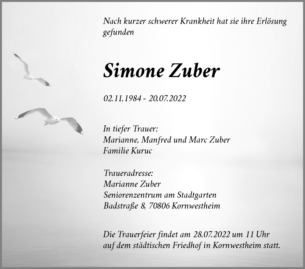  Traueranzeige für Simone Zuber vom 27.07.2022 aus Waiblinger Kreiszeitung