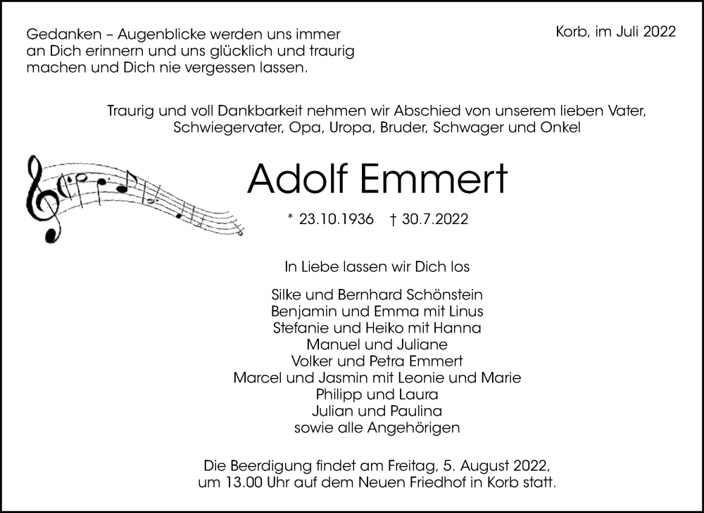  Traueranzeige für Adolf Emmert vom 03.08.2022 aus Waiblinger Kreiszeitung
