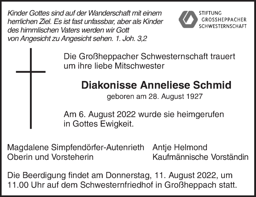 Traueranzeige für Anneliese Schmid vom 09.08.2022 aus Waiblinger Kreiszeitung