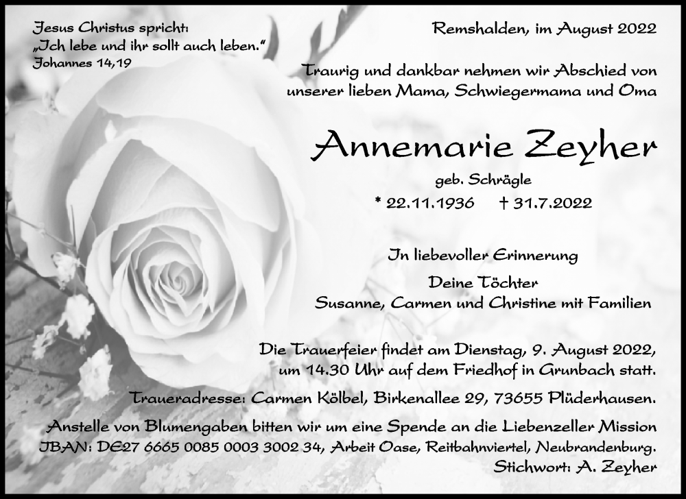  Traueranzeige für Annemarie Zeyher vom 05.08.2022 aus Waiblinger Kreiszeitung
