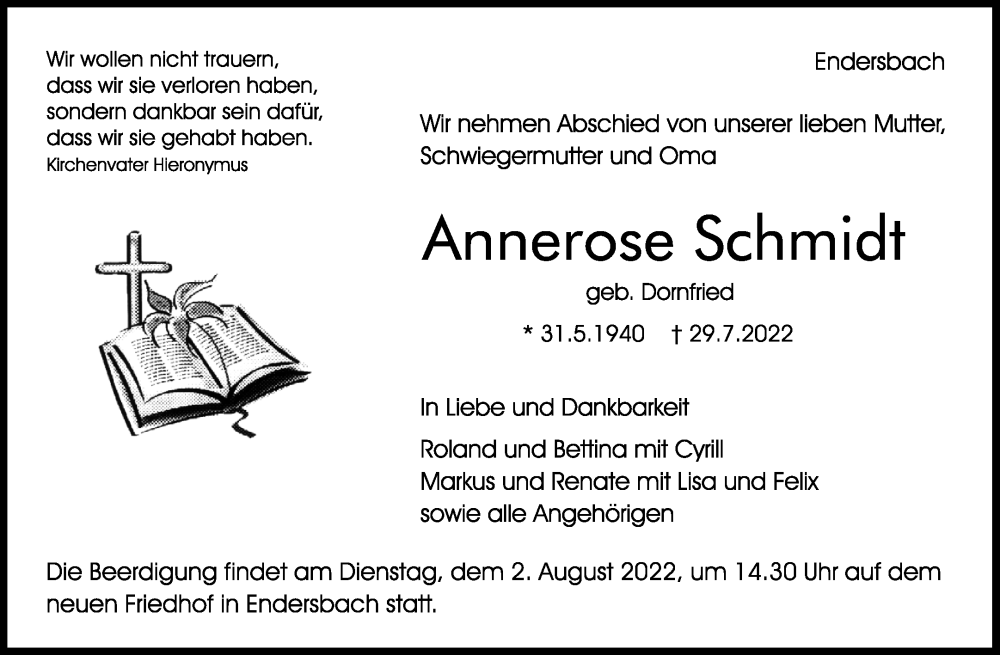  Traueranzeige für Annerose Schmidt vom 01.08.2022 aus Waiblinger Kreiszeitung