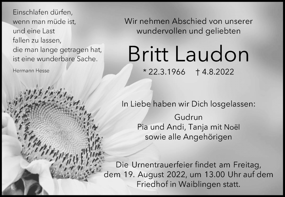  Traueranzeige für Britt Laudon vom 12.08.2022 aus Waiblinger Kreiszeitung