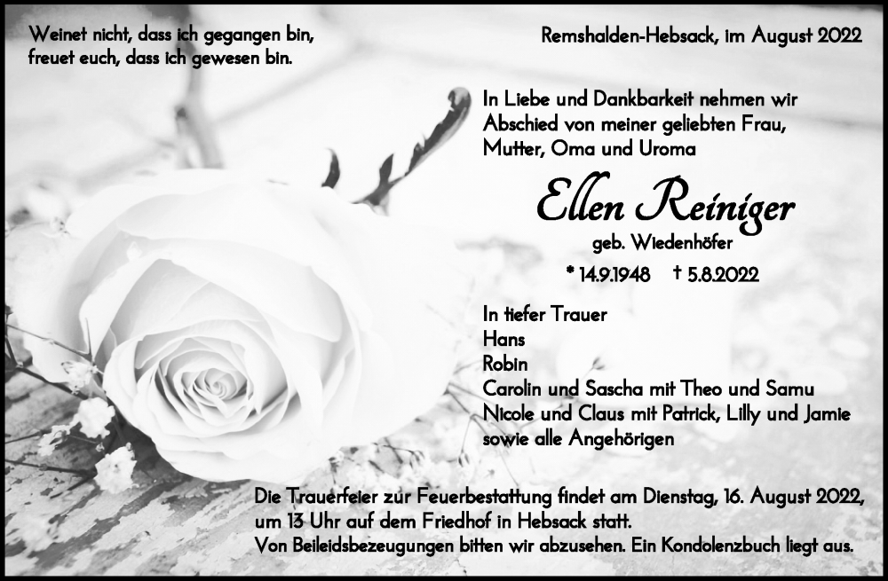  Traueranzeige für Ellen Reiniger vom 11.08.2022 aus Waiblinger Kreiszeitung