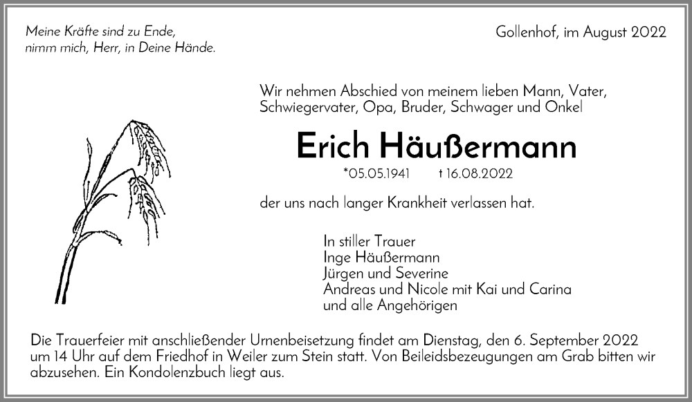  Traueranzeige für Erich Häußermann vom 30.08.2022 aus Waiblinger Kreiszeitung