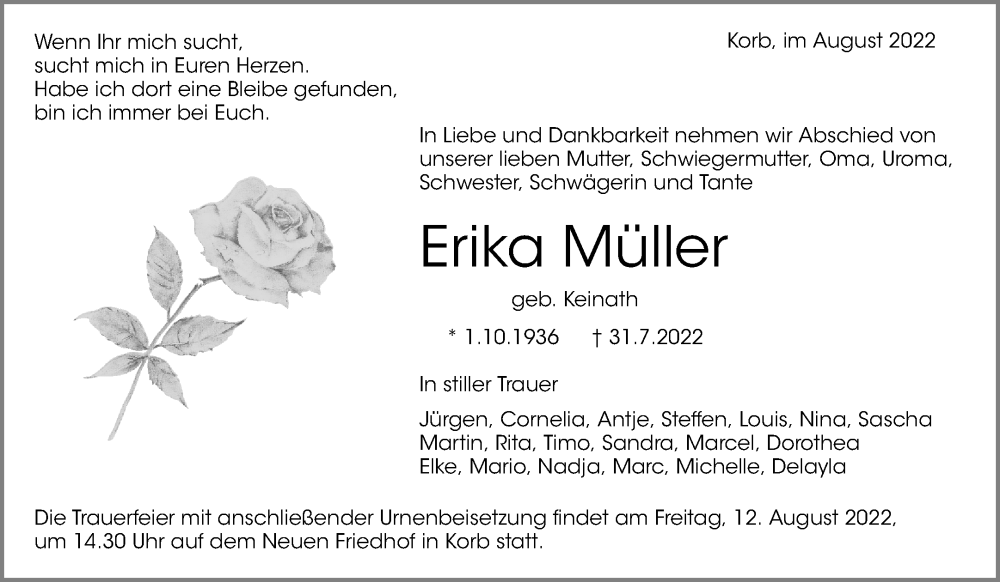  Traueranzeige für Erika Müller vom 05.08.2022 aus Waiblinger Kreiszeitung