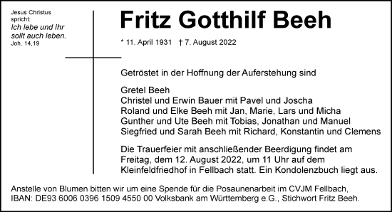 Traueranzeige von Fritz Gotthilf Beeh von Waiblinger Kreiszeitung