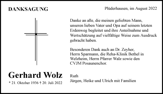 Traueranzeige von Gerhard Wolz von Waiblinger Kreiszeitung