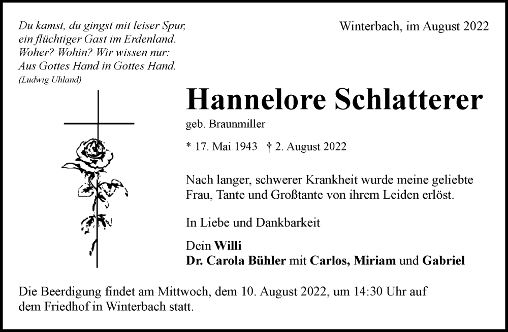  Traueranzeige für Hannelore Schlatterer vom 06.08.2022 aus Waiblinger Kreiszeitung