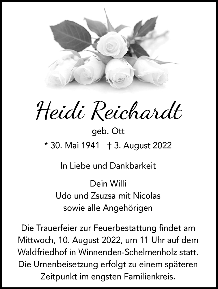  Traueranzeige für Heidi Reichardt vom 06.08.2022 aus Waiblinger Kreiszeitung