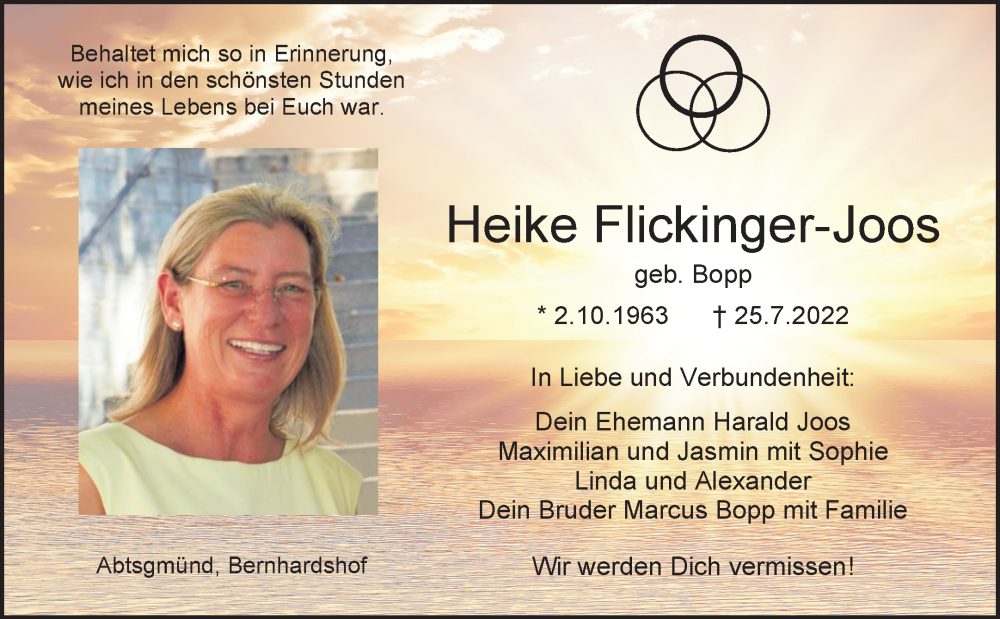  Traueranzeige für Heike Flickinger-Joos vom 06.08.2022 aus Waiblinger Kreiszeitung
