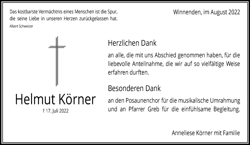  Traueranzeige für Helmut Körner vom 06.08.2022 aus Waiblinger Kreiszeitung