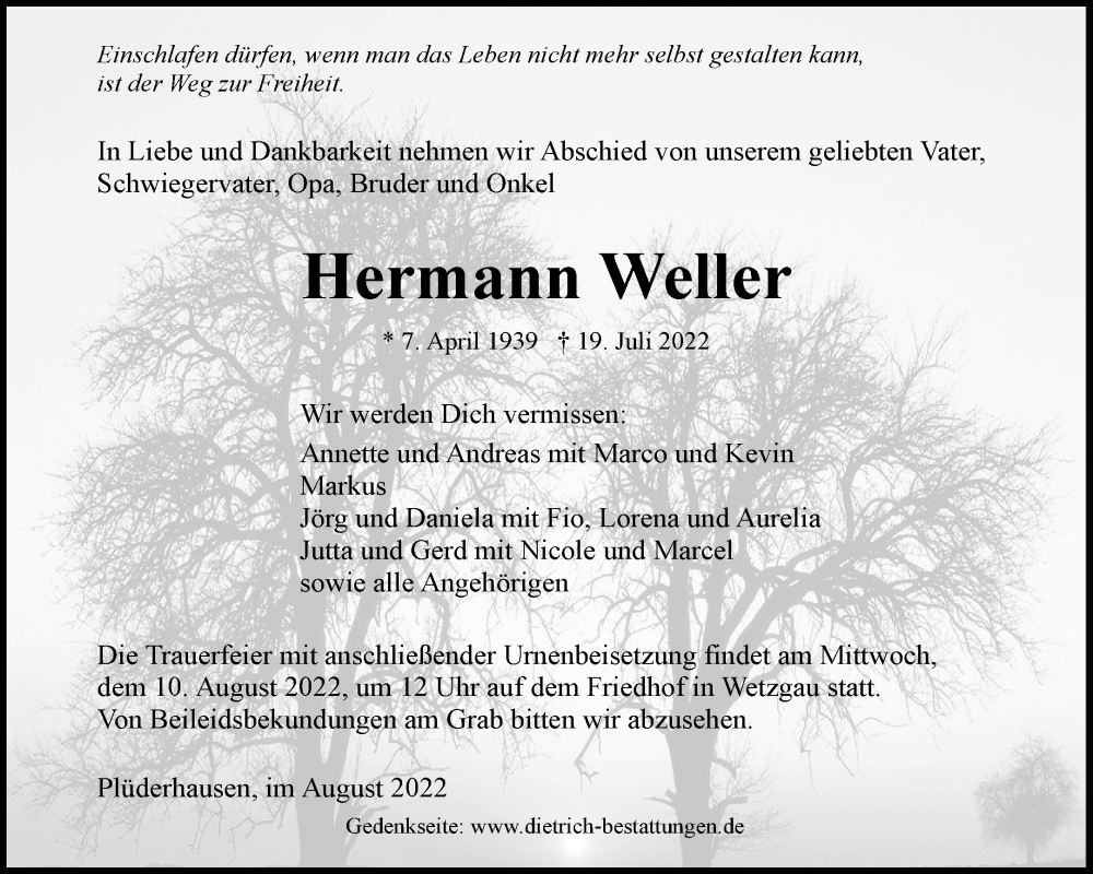  Traueranzeige für Hermann Weller vom 06.08.2022 aus Waiblinger Kreiszeitung