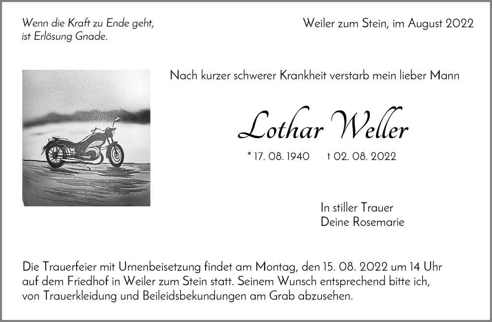  Traueranzeige für Lothar Weller vom 05.08.2022 aus Waiblinger Kreiszeitung