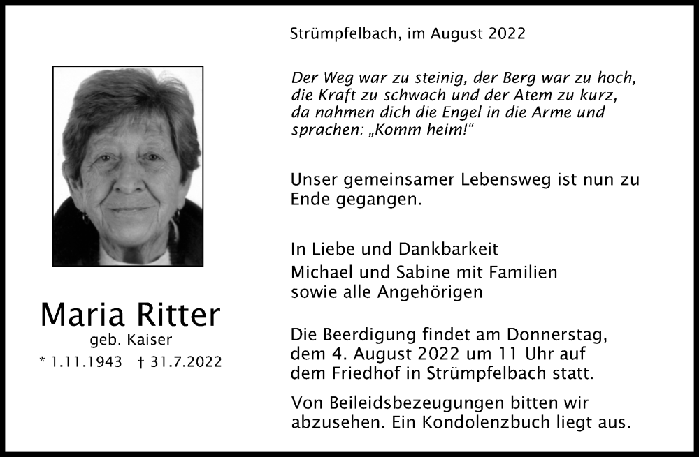  Traueranzeige für Maria Ritter vom 02.08.2022 aus Waiblinger Kreiszeitung
