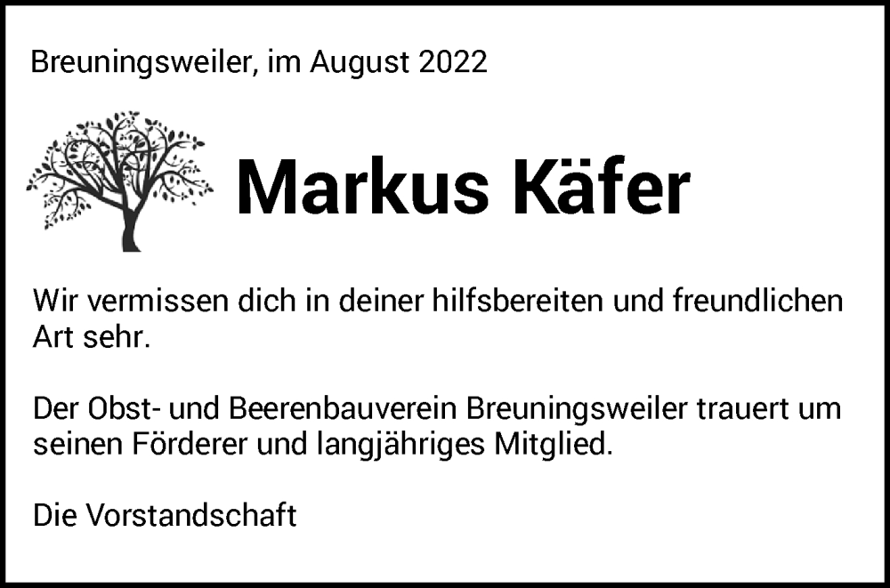  Traueranzeige für Markus Käfer vom 16.08.2022 aus Waiblinger Kreiszeitung