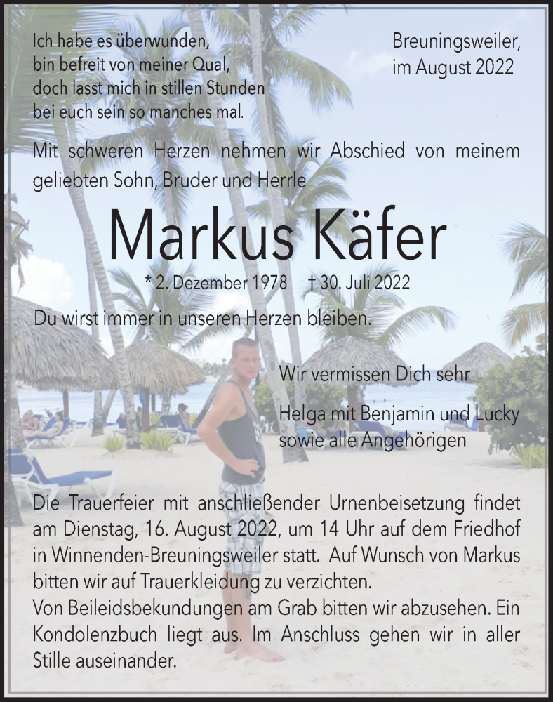  Traueranzeige für Markus Käfer vom 09.08.2022 aus Waiblinger Kreiszeitung