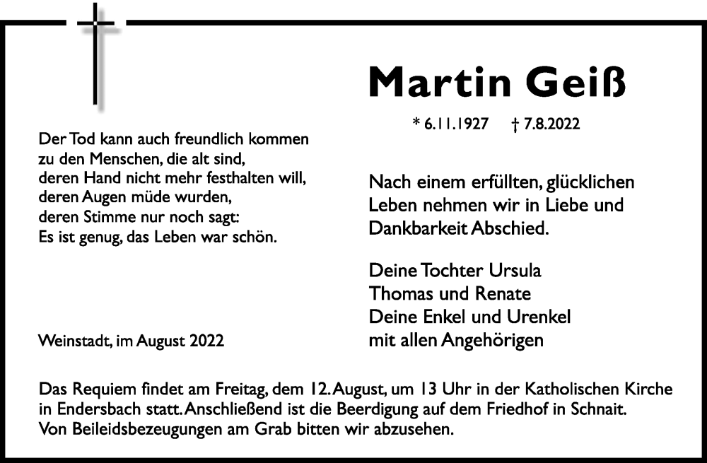  Traueranzeige für Martin Geiß vom 10.08.2022 aus Waiblinger Kreiszeitung