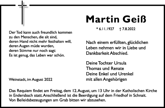 Traueranzeige von Martin Geiß von Waiblinger Kreiszeitung