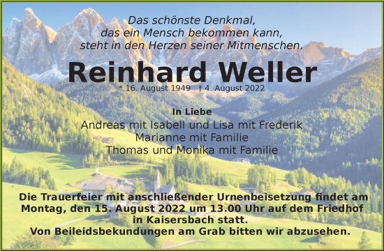 Traueranzeige von Reinhard Weller von Waiblinger Kreiszeitung