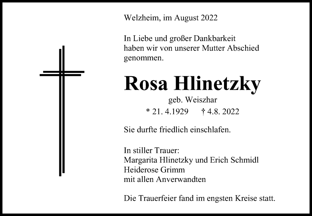  Traueranzeige für Rosa Hlinetzky vom 11.08.2022 aus Waiblinger Kreiszeitung