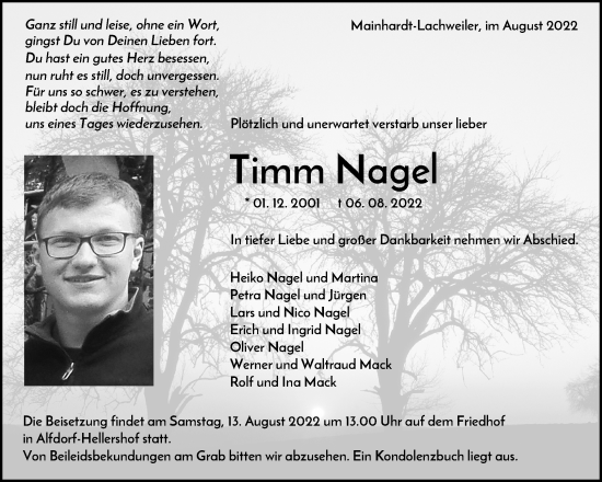 Traueranzeige von Timm Nagel von Waiblinger Kreiszeitung