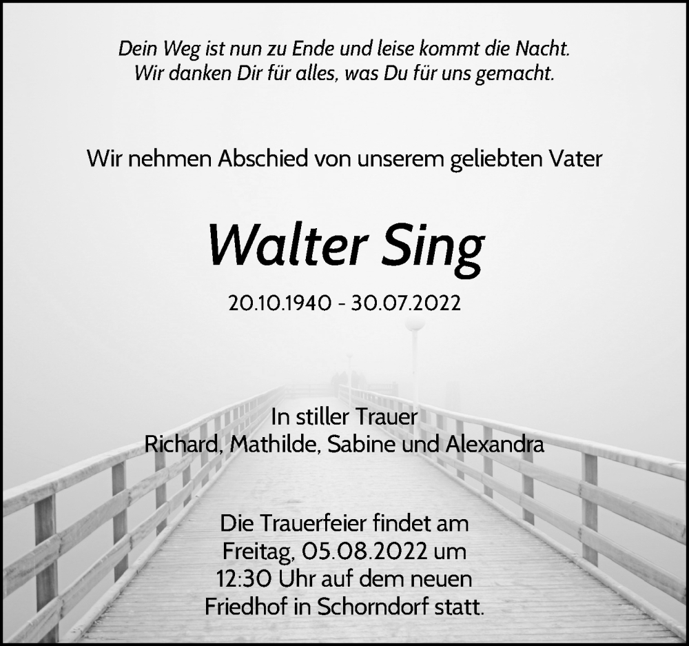  Traueranzeige für Walter Sing vom 04.08.2022 aus Waiblinger Kreiszeitung