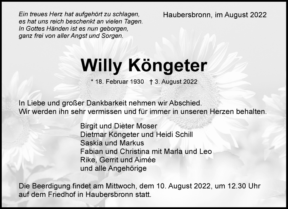  Traueranzeige für Willy Köngeter vom 06.08.2022 aus Waiblinger Kreiszeitung