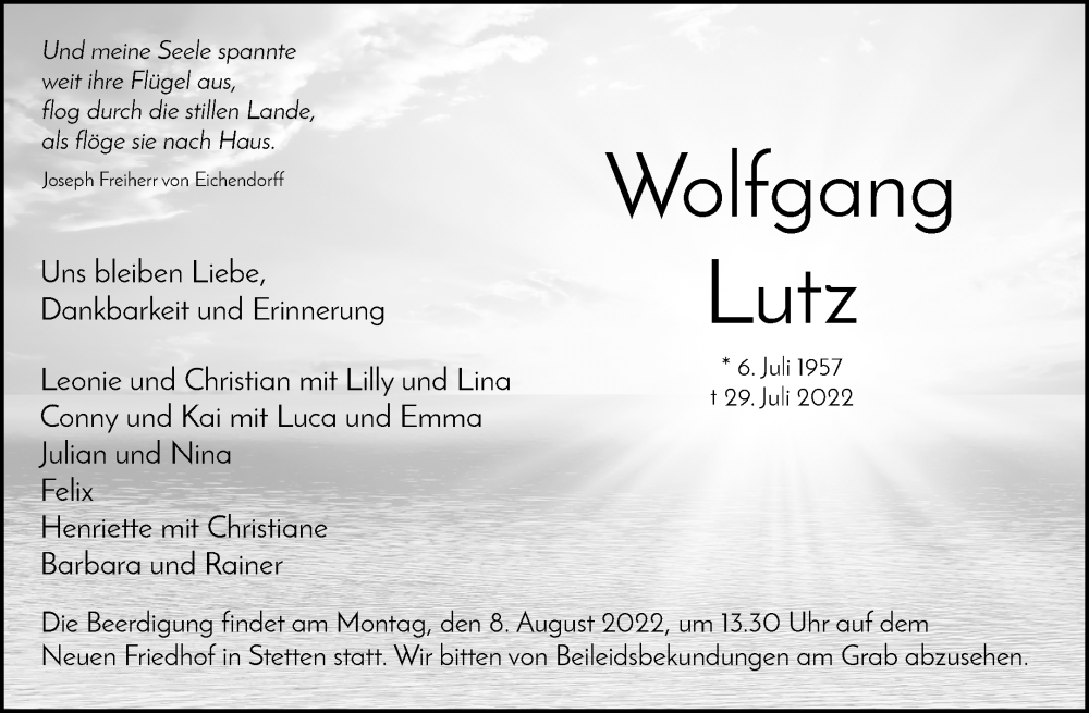  Traueranzeige für Wolfgang Lutz vom 03.08.2022 aus Waiblinger Kreiszeitung