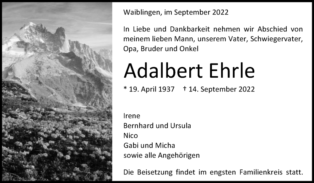  Traueranzeige für Adalbert Ehrle vom 21.09.2022 aus Waiblinger Kreiszeitung