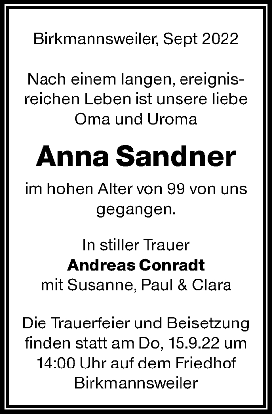 Traueranzeige von Anna Sandner von Waiblinger Kreiszeitung