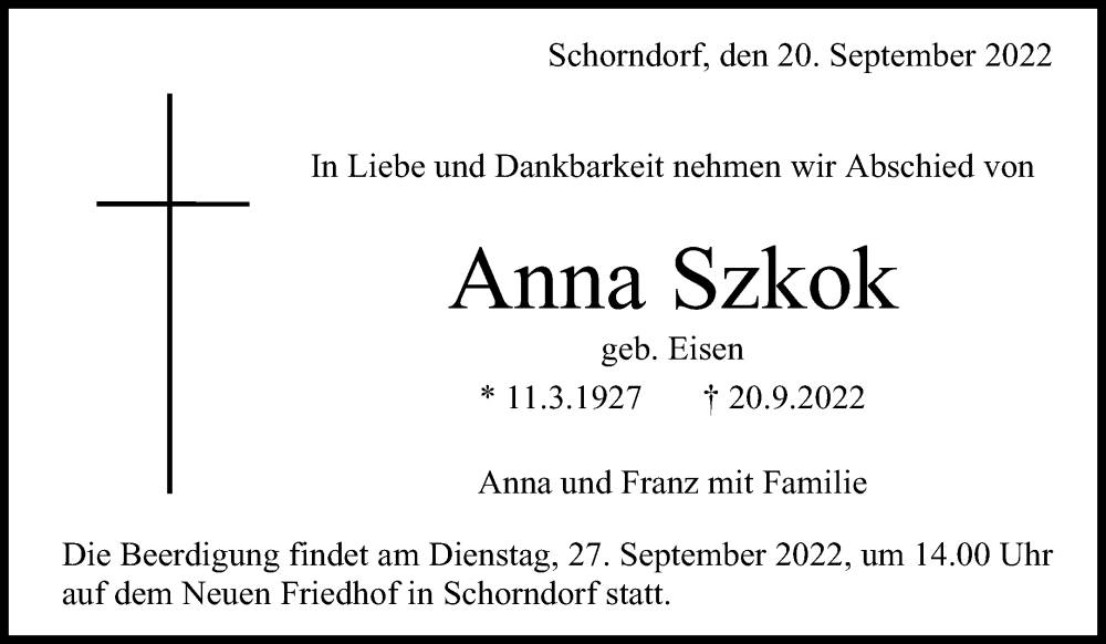  Traueranzeige für Anna Szkok vom 23.09.2022 aus Waiblinger Kreiszeitung