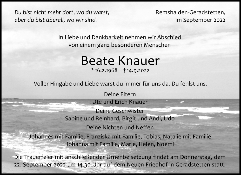  Traueranzeige für Beate Knauer vom 19.09.2022 aus Waiblinger Kreiszeitung