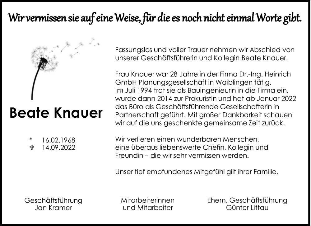  Traueranzeige für Beate Knauer vom 19.09.2022 aus Waiblinger Kreiszeitung