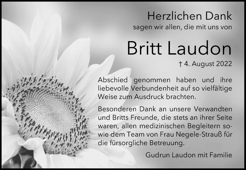  Traueranzeige für Britt Laudon vom 01.09.2022 aus Waiblinger Kreiszeitung