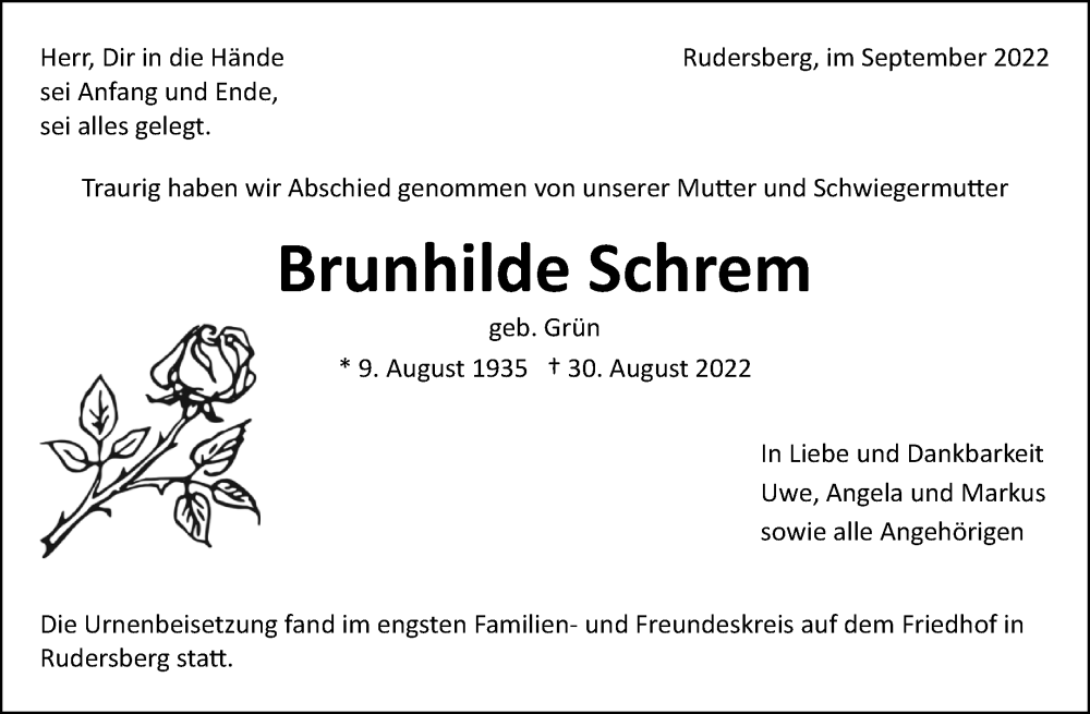  Traueranzeige für Brunhilde Schrem vom 24.09.2022 aus Waiblinger Kreiszeitung