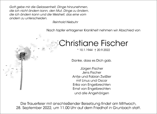 Traueranzeige von Christiane Fischer von Waiblinger Kreiszeitung