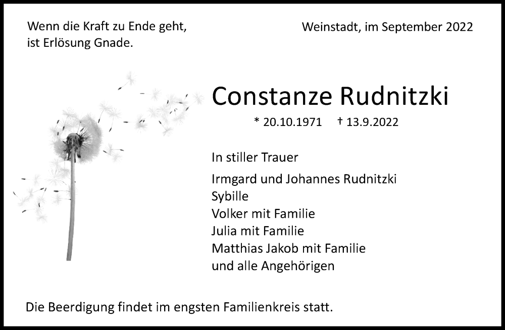  Traueranzeige für Constanze Rudnitzki vom 17.09.2022 aus Waiblinger Kreiszeitung