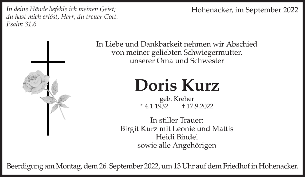  Traueranzeige für Doris Kurz vom 22.09.2022 aus Waiblinger Kreiszeitung