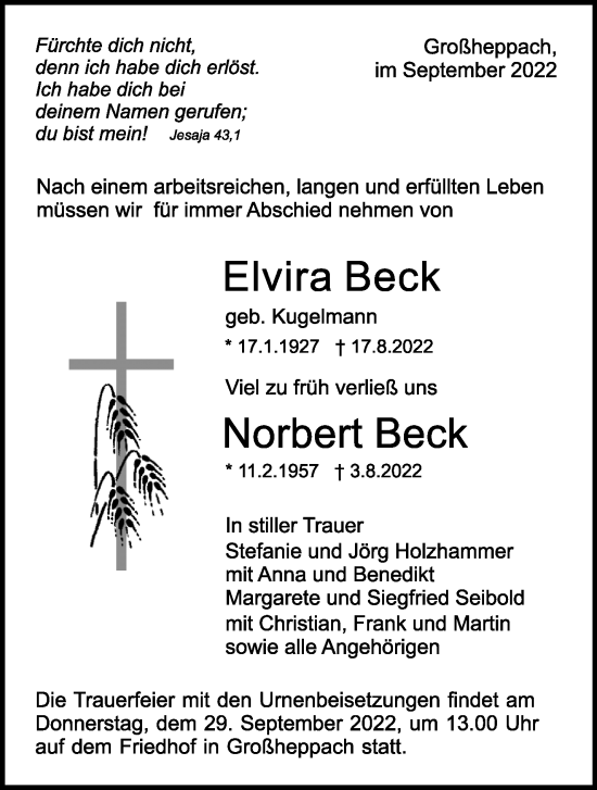 Traueranzeige von Elvira und Norbert Beck von Waiblinger Kreiszeitung