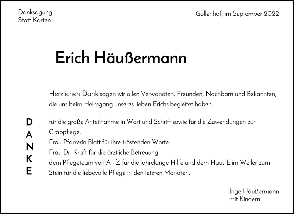  Traueranzeige für Erich Häußermann vom 23.09.2022 aus Waiblinger Kreiszeitung