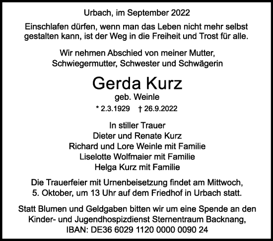 Traueranzeige von Gerda Kurz von Waiblinger Kreiszeitung