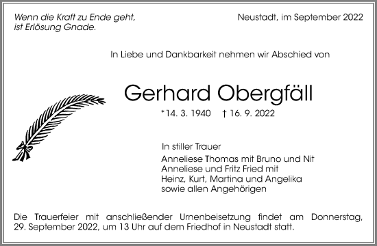 Traueranzeige von Gerhard Obergfäll von Waiblinger Kreiszeitung