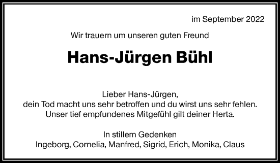 Traueranzeige von Hans-Jürgen Bühl von Waiblinger Kreiszeitung