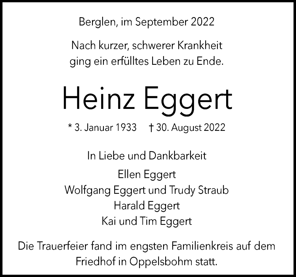  Traueranzeige für Heinz Eggert vom 23.09.2022 aus Waiblinger Kreiszeitung